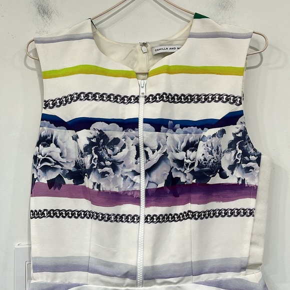 Camilla and Marc Juniper Printed Silk Cotton White Striped Floral Zipper Dress 6 - Picture 5 of 16